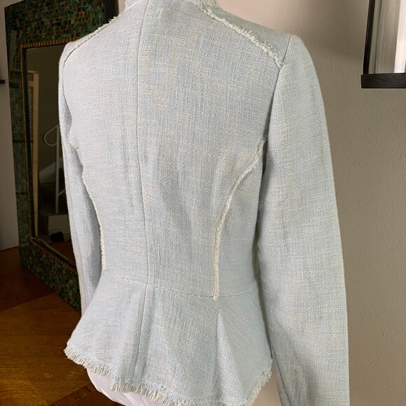 Sundance Sz 10 Cotton Tweed Blazer Jacket Blue Ivory Full Zip Raw Fringe Pockets - Picture 7 of 9